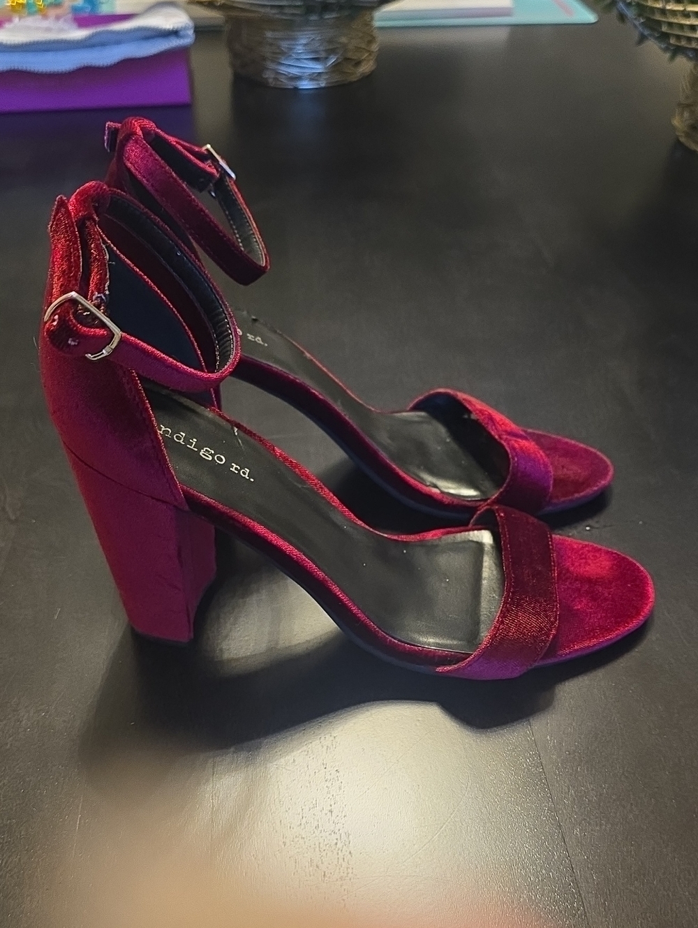 Indigo Women's Burgundy Velvet Block Heel Sandals with Ankle Strap